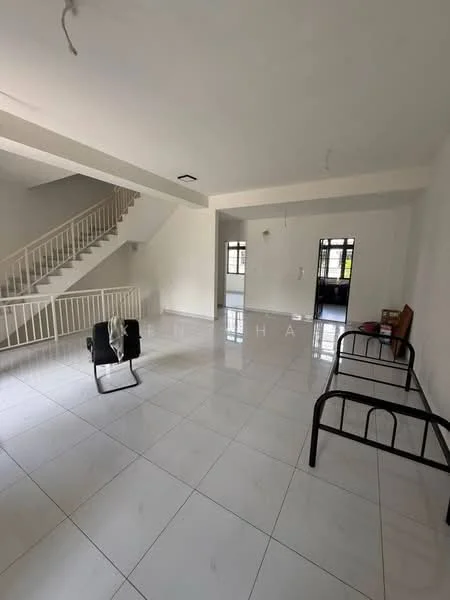 Living features: white painted walls, glossy white tile flooring, ceiling with recessed lighting, large windows with natural light, open layout, staircase with white railing, one black folding chair, one metal bed frame, no visible decor, neutral color scheme; style: modern.