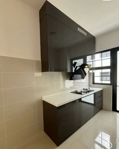 Kitchen features: black high-gloss cabinetry, white countertop, built-in gas hob, stainless-steel range hood, wall-mounted cabinets, tile backsplash, glossy ceramic tile flooring, large window for natural light; style: modern.