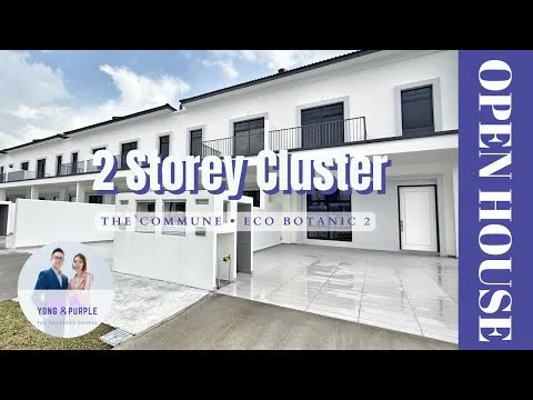 Exterior type: 2-storey cluster house; features: white painted facade, flat roof, two-storey structure, recessed balconies, manicured lawn, paved walkway, large windows, balcony railings, driveway, surrounded by greenery; style: modern.