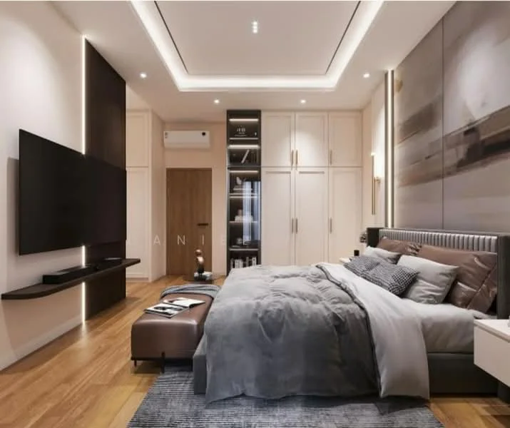 Bedroom features: king-size bed with upholstered headboard, grey bedding, wooden flooring, recessed downlights, wall-mounted TV, floating shelf under TV, built-in wardrobe with sliding doors, decorative artwork on wall, bedside table, area rug, window with sheer curtains, air conditioning unit; style: modern.