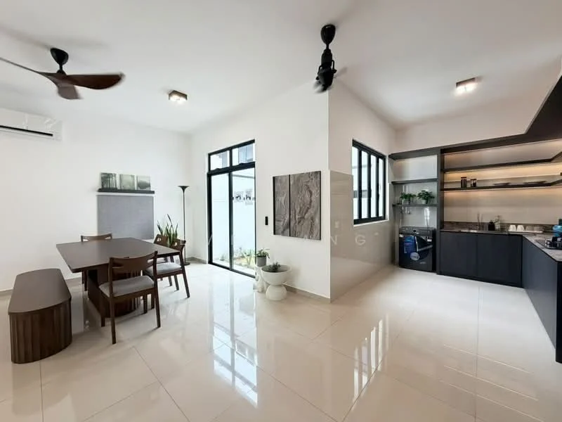 Dining features: dining table with 4 chairs, wooden bench seating, white painted walls, recessed downlights, ceiling fan with 3 blades, floor-to-ceiling windows, sliding glass door, decorative plants in pots, glossy tile flooring, open layout to kitchen, black cabinetry, countertop with kitchen appliances; style: modern; view: garden. Kitchen features: black cabinetry, countertop with kitchen appliances, stainless-steel sink, built-in oven, microwave, refrigerator, open shelving, glossy tile flooring; style: modern.