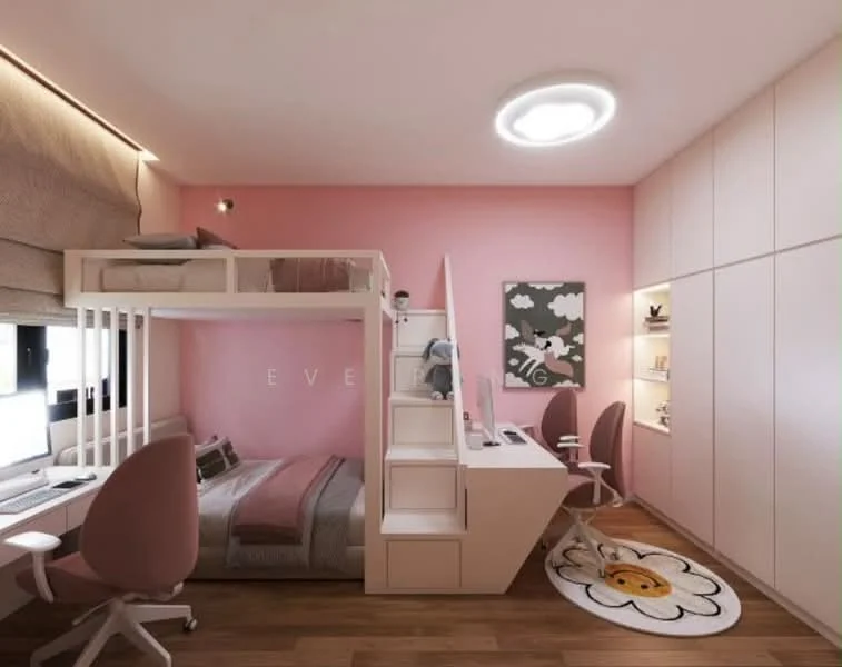 Bedroom features: bunk bed with lower double bed, pink painted walls, wooden flooring, built-in wardrobe with sliding doors, study desk with chair, second study desk with chair, ceiling light fixture, decorative area rug with floral pattern, window with blinds; style: modern.