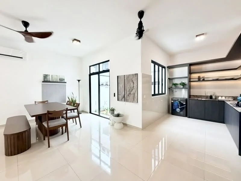 Dining features: dining table with wooden finish, 4 wooden dining chairs, pendant light fixture, ceiling fan with 3 blades, large glass sliding door, white painted walls, polished ceramic tile flooring, decorative wall art, indoor plants in pots; style: modern; view: garden. Kitchen features: black cabinetry, stainless-steel sink, built-in oven, stainless-steel refrigerator, countertop with dark finish, open shelving, kitchen island, wall-mounted cabinets, ceramic tile backsplash; style: modern.