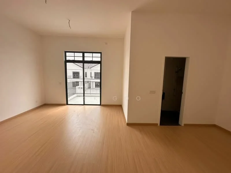 Room features: light wood laminate flooring, white painted walls, large floor-to-ceiling windows, balcony door, minimalist design, no visible ceiling fixtures, doorway leading to another room, natural light; style: modern.