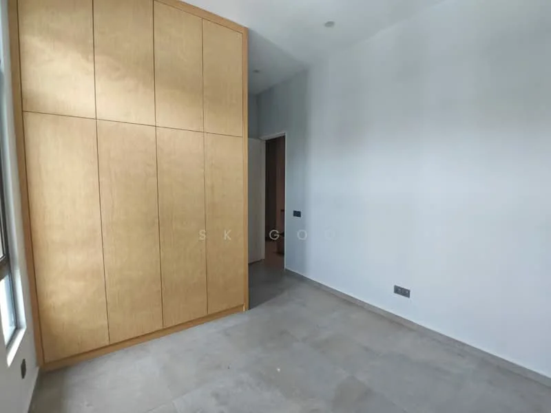 Room features: light grey tiled flooring, white painted walls, built-in wooden wardrobe with light wood finish, single window with no visible treatment, doorway leading to another room; style: modern.
