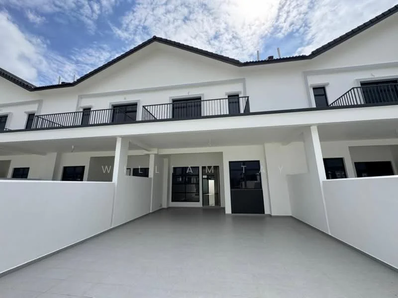 Exterior type: linked terrace house; features: white painted facade, flat roof, two-storey building, balconies with black railings, large windows, covered porch area, manicured walkway, grey tiled flooring, modern architectural design; style: modern.