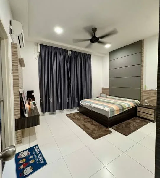 Bedroom features: queen-size bed with striped bedding, upholstered headboard, 2 bedside tables, wall-mounted reading lights, ceiling fan with light, floor-to-ceiling curtains in dark grey, white painted walls, tile flooring, decorative area rug, built-in wardrobe with sliding doors, wall-mounted shelf, framed artwork, Hello Kitty mat; style: modern.
