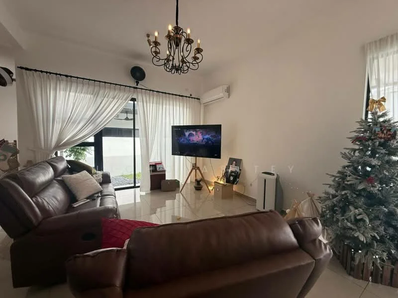 Living features: brown leather reclining sofa, 3-seater sofa, chandelier with multiple bulbs, wall-mounted TV, TV console, white painted walls, large floor-to-ceiling windows, sheer curtains, air conditioning unit, decorative Christmas tree, decorative wall art, ceramic tile flooring, area rug, potted plant; style: modern.