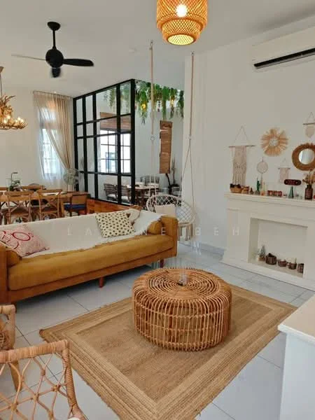Living features: 3-seater fabric sofa in mustard yellow, round rattan coffee table, area rug with natural fiber, ceiling fan, pendant light fixture, wall-mounted air conditioning unit, decorative wall mirror, swing chair, wooden shelving unit, decorative wall art, potted plants, white painted walls, large windows with sheer curtains; style: modern. Dining features: wooden dining table, woven dining chairs, decorative wall art, hanging plants, black-framed glass partition; style: modern.
