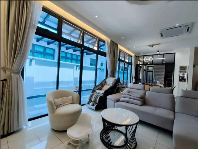 Living features: large floor-to-ceiling windows, grey sectional sofa, white accent chair, round coffee table with black base, recessed ceiling lights, curtains in light fabric, air conditioning unit, decorative wall art, neutral tile flooring, open layout to adjacent space; style: modern.