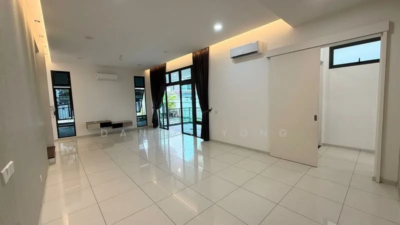 Living features: white painted walls, glossy ceramic tile flooring, recessed downlights, floor-to-ceiling windows, sliding glass door, blackout curtains, air conditioning unit, open layout, balcony access; style: modern; view: garden. Room features: white painted walls, glossy ceramic tile flooring, doorway leading to another room, window with natural light.