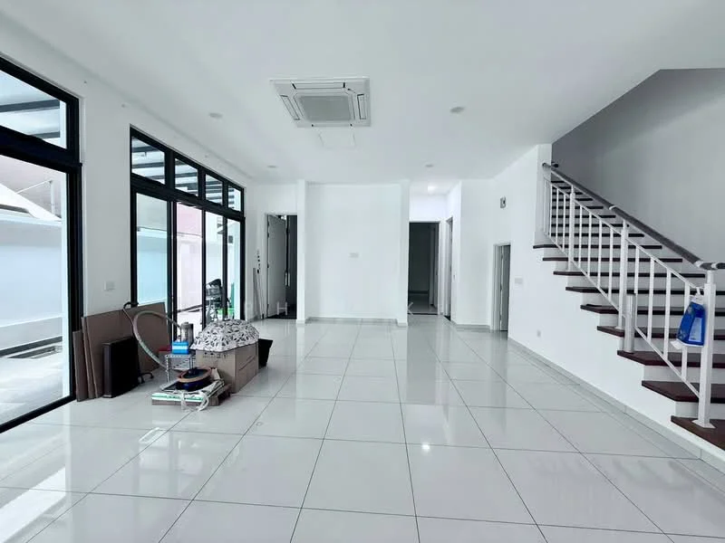 Living features: white painted walls, glossy ceramic tile flooring, recessed downlights, floor-to-ceiling windows, sliding glass door, open space layout, air conditioning unit, staircase with white railing; style: modern; view: garden.