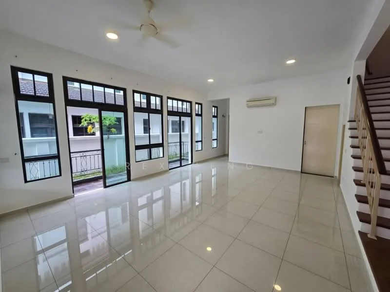Living features: white painted walls, glossy ceramic tile flooring, 5-blade ceiling fan, floor-to-ceiling windows, sliding glass door, air conditioning unit, staircase with wooden railing, natural light from multiple windows, open layout, neutral color scheme; style: modern; view: garden.