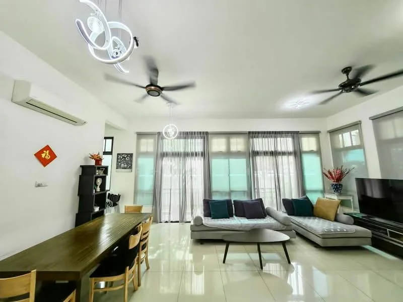 Living features: 5-blade ceiling fan, 5-blade ceiling fan, chandelier, floor-to-ceiling windows, sheer curtains, white painted walls, glossy tile flooring, L-shape sectional sofa in grey, coffee table, TV console, wall-mounted TV, dining table with 6 chairs, decorative plants; style: modern.