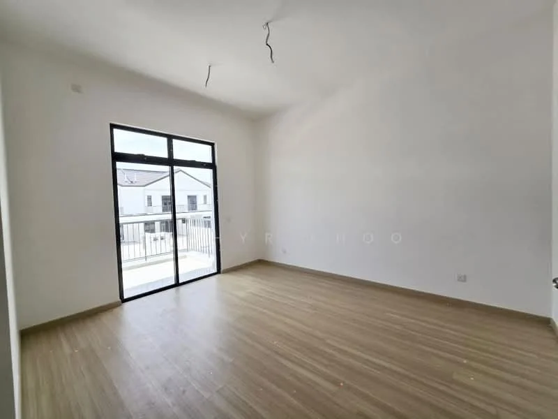Living features: white painted walls, laminate flooring, floor-to-ceiling windows, sliding glass door, balcony access, no visible lighting fixtures, no visible furniture, neutral color scheme.