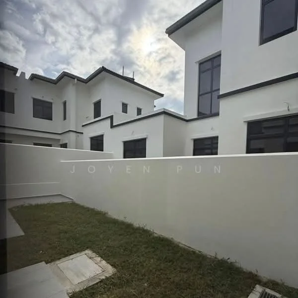 Exterior type: detached bungalow; features: white painted facade, flat roof, multiple storeys, large windows, manicured lawn, paved walkway, surrounded by greenery; style: modern.