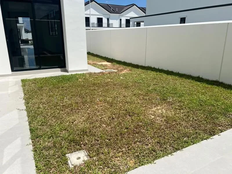 Exterior features: manicured lawn, concrete pathway, white perimeter wall, glass sliding door, surrounding residential buildings, flat roof, landscaped garden area; style: modern.