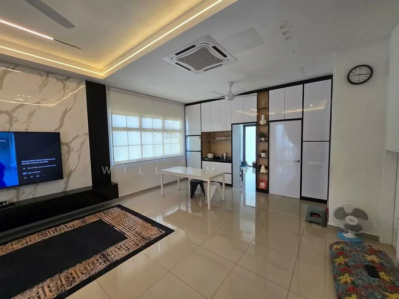 Living features: white painted walls, marble accent wall, glossy ceramic tile flooring, recessed downlights, ceiling fan, wall-mounted TV, TV console, area rug with geometric pattern, large windows with sheer curtains, clock on wall, open-plan layout to kitchen, dining table, built-in cabinetry; style: modern. Kitchen features: white cabinetry, built-in refrigerator, countertop with bar seating, stainless-steel sink, chrome pull-down faucet, open shelving, kitchen appliances visible; style: modern.
