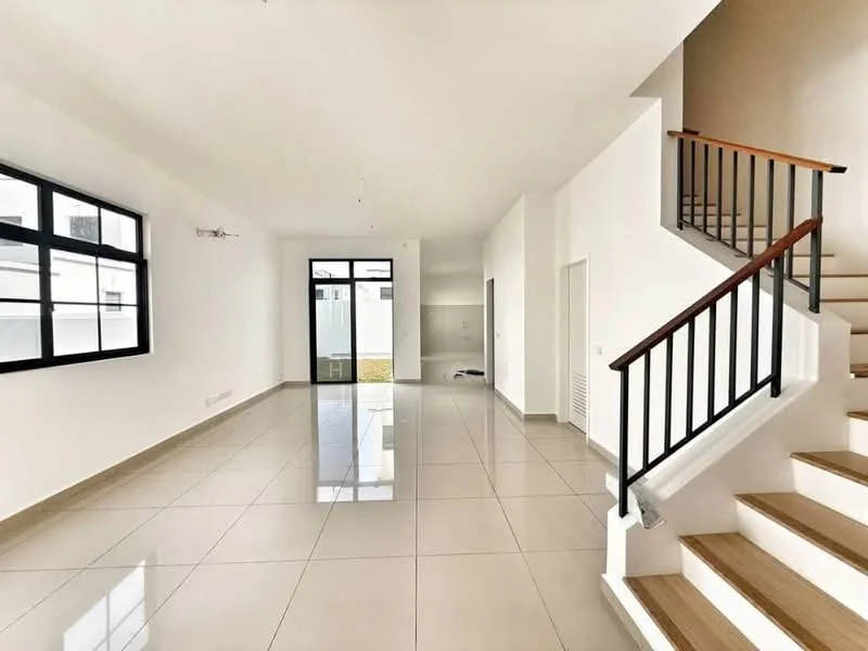 Living features: white painted walls, glossy ceramic tile flooring, large floor-to-ceiling windows, double sliding glass door, recessed downlights, open layout, staircase with wooden steps and metal railing, neutral color palette; style: modern; view: garden.