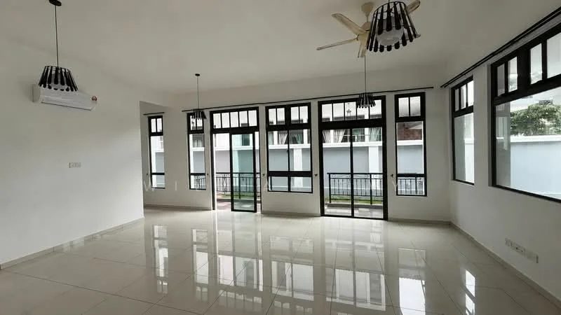 Living features: white painted walls, glossy ceramic tile flooring, 5-blade ceiling fan with light, floor-to-ceiling windows, sliding glass doors, blackout curtains, air conditioning unit, balcony view; style: modern; view: garden.