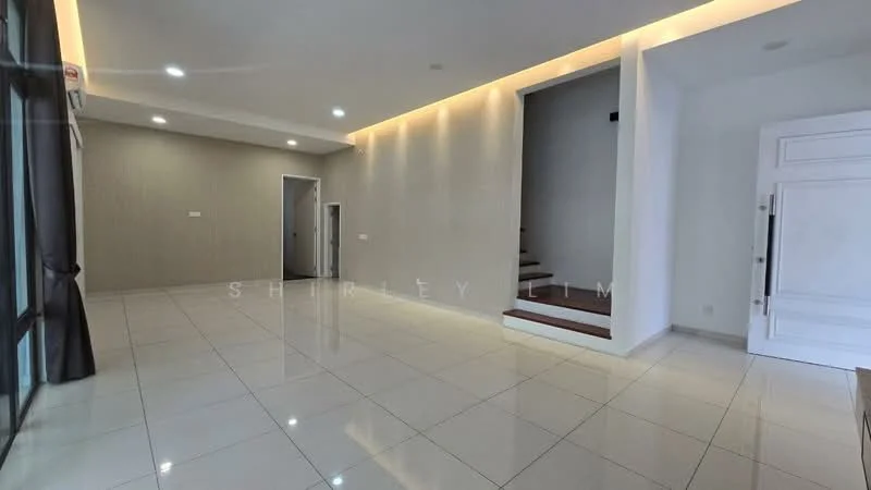Living features: white painted walls, cream accent wall, polished ceramic tile flooring, recessed downlights, large windows with sheer curtains, staircase with wooden steps, open layout, no visible furniture; style: modern.