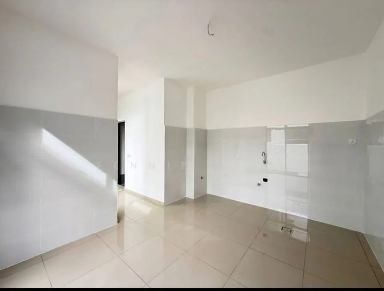 Room features: white painted walls, grey tiled walls, glossy beige floor tiles, single wall with no fixtures, corner with natural light, no visible appliances or furniture; style: modern.