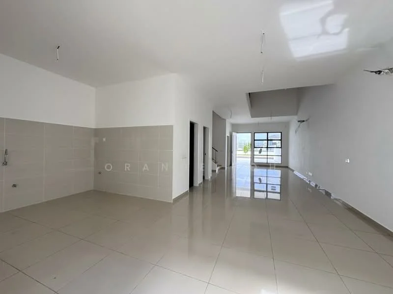 Room features: white painted walls, grey tiled flooring, large windows, high ceiling, open layout, recessed lighting, multiple electrical outlets, plumbing fixtures visible on wall; style: modern.