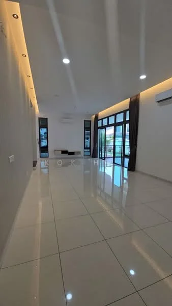 Living features: white painted walls, glossy porcelain tile flooring, recessed downlights, LED strip lighting, floor-to-ceiling windows, sliding glass door, grey curtains, air conditioning unit, built-in wall shelf, open layout; style: modern; view: garden.