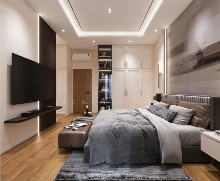 Bedroom features: king-size bed with grey bedding, upholstered headboard, wooden bedside table, wall-mounted TV, floating shelf under TV, built-in wardrobe with sliding doors, recessed ceiling lights, wooden flooring, area rug with geometric pattern, air conditioning unit on wall, decorative artwork on wall, grey throw pillows, bedside lamp; style: modern.