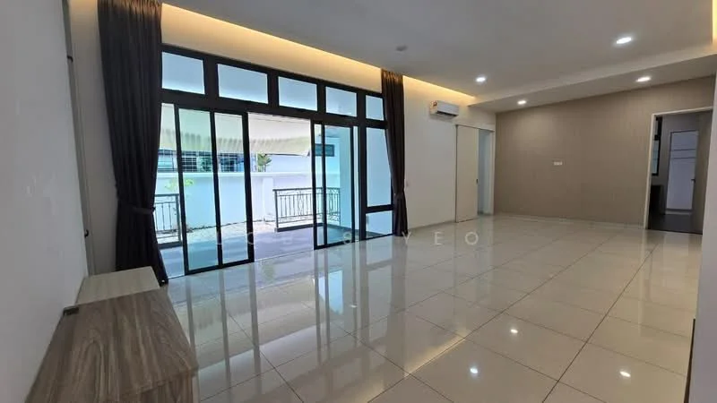 Living features: white painted walls, glossy ceramic tile flooring, floor-to-ceiling windows, sliding glass door, dark curtains, recessed downlights, wall-mounted split AC, neutral color scheme, open layout, access to balcony, decorative wall paneling; style: modern; view: garden.