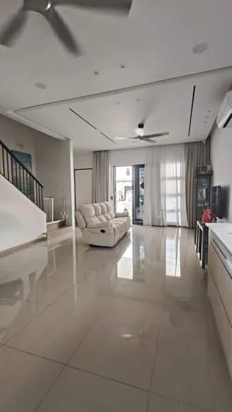 Living features: 3-seater fabric sofa in cream, marble tile flooring, recessed downlights, 5-blade ceiling fan, floor-to-ceiling windows, sheer curtains, sliding glass door, TV console, wall-mounted TV, decorative wall panel, open space layout; style: modern.