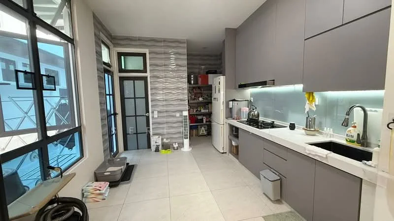 Kitchen features: grey cabinetry, white marble countertop, stainless-steel sink, chrome pull-down faucet, built-in oven, freestanding refrigerator, open shelving, tile backsplash with wave pattern, ceramic tile flooring, recessed LED downlights, floor-to-ceiling windows, kitchen island, pantry area; style: modern.