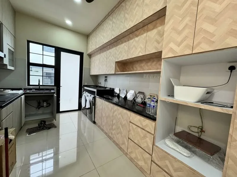 Kitchen features: laminate cabinetry with herringbone pattern, black granite countertop, single-bowl stainless-steel sink, chrome pull-down faucet, built-in oven, freestanding range oven, ceramic tile flooring, white painted walls, floor-to-ceiling windows, recessed downlights, open shelving, under-sink storage, wall-mounted electrical outlet; style: modern.