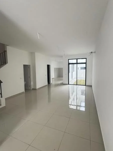 Room features: white painted walls, glossy tile flooring, large floor-to-ceiling windows, sliding glass door, open layout, recessed downlights, neutral color scheme, high ceiling; style: modern; view: garden.