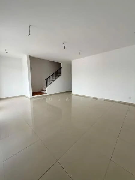 Room features: white painted walls, polished ceramic tile flooring, staircase visible in background, no visible furniture or decor, recessed ceiling lights, open layout, large windows for natural light, neutral color scheme; style: modern.