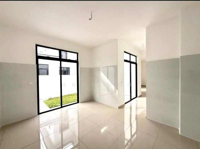 Room features: white painted walls, grey tiled walls, glossy floor tiles, large floor-to-ceiling windows, natural light, open layout, green view from windows, high ceiling; style: modern; view: garden.