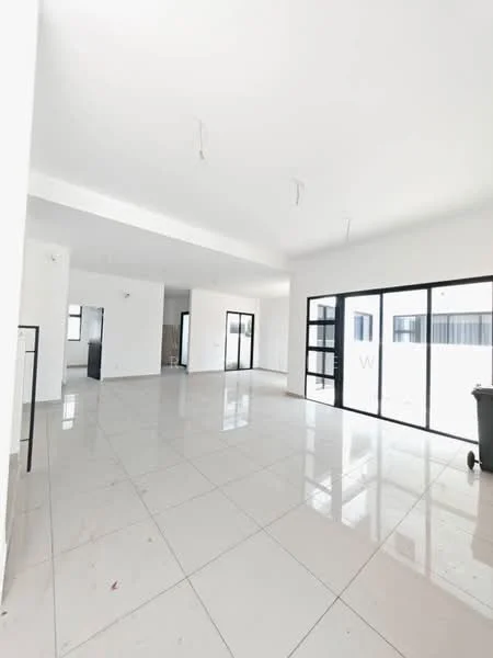 Room features: white painted walls, polished ceramic tile flooring, recessed downlights, large floor-to-ceiling windows, sliding glass doors, open layout, high ceiling, minimalist design; style: modern.