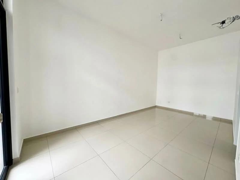 Room features: white painted walls, glossy ceramic tile flooring, recessed downlights, floor-to-ceiling windows, neutral color scheme; style: modern.