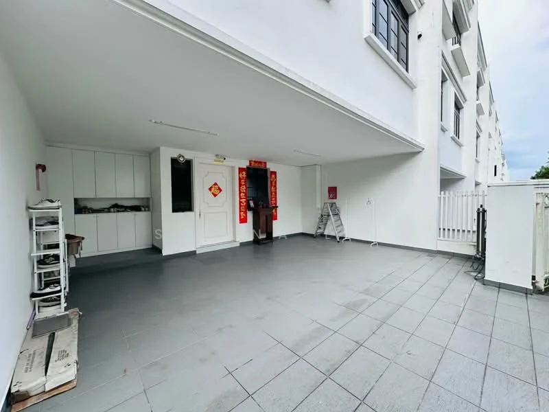 Exterior type: linked terrace house; features: covered car porch, grey tiled flooring, white painted walls, built-in cabinetry, door with glass panel, decorative red banners, ladder, open space, fenced area; style: modern.