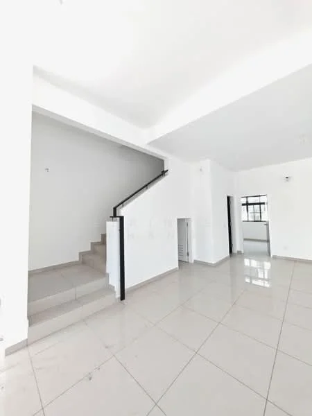 Room features: white painted walls, tile flooring, staircase with metal railing, large windows, recessed ceiling lights, open layout, neutral color scheme, high ceiling; style: modern.