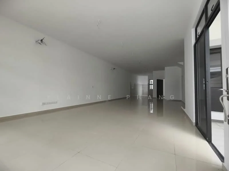 Room features: white painted walls, polished floor tiles, large windows, sliding glass door, recessed downlights, open layout, neutral color scheme, high ceiling; style: modern.