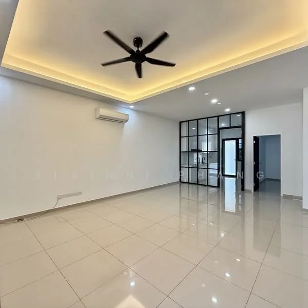 Living features: white painted walls, glossy ceramic tile flooring, tray ceiling with recessed lighting, 5-blade ceiling fan with light, wall-mounted split AC, glass partition wall, LED downlights, neutral color palette; style: modern.