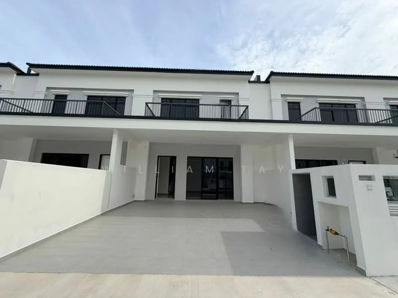 Exterior type: linked terrace house; features: white painted facade, flat roof, two-storey, manicured lawn, balconies with railings, large glass sliding doors, concrete driveway, minimalist design, surrounded by greenery; style: modern.
