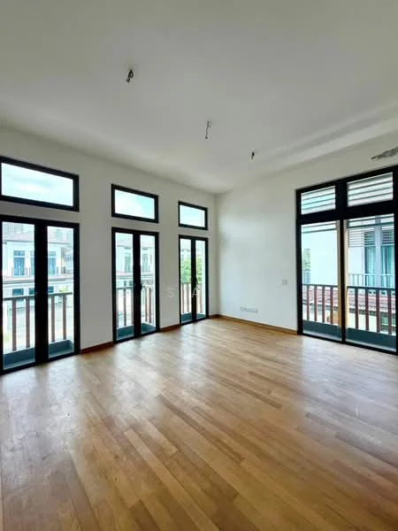 Room features: wooden flooring, white painted walls, large windows, black window frames, multiple sliding doors, high ceiling, recessed lighting, balcony access; style: modern; view: garden.