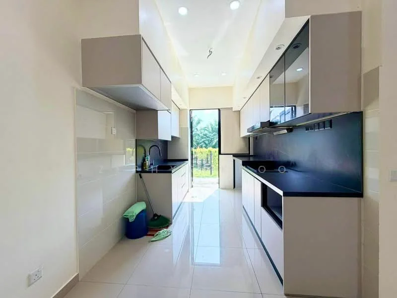 Kitchen features: white painted walls, black countertop, grey cabinetry, built-in oven, stainless-steel sink, chrome pull-down faucet, ceramic tile flooring, recessed downlights, floor-to-ceiling windows, sliding glass door, view of greenery, open shelving; style: modern; view: garden.