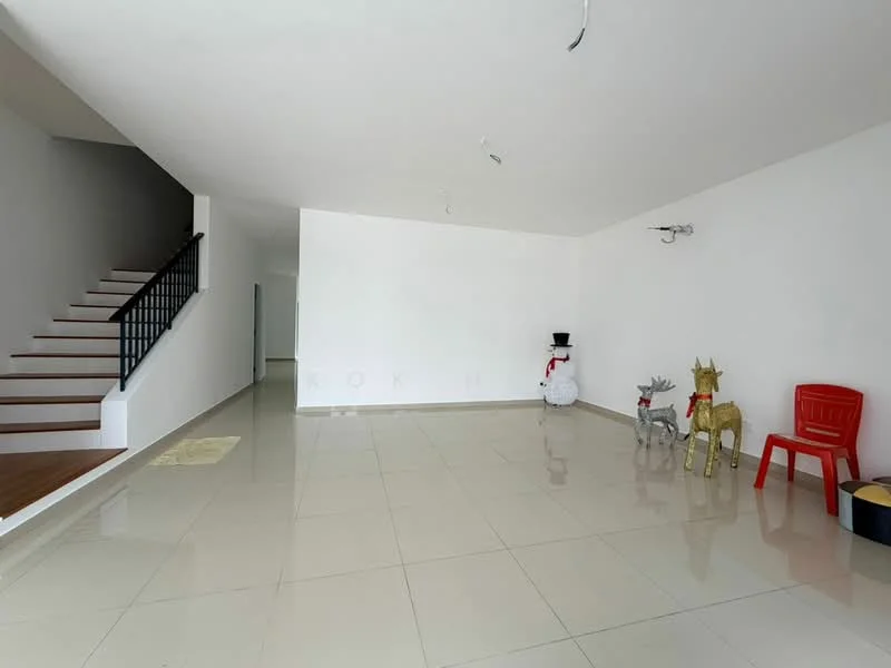 Living features: white painted walls, glossy ceramic tile flooring, recessed downlights, staircase with wooden steps and black railing, decorative snowman figure, decorative reindeer figures, red plastic chair, empty wall space, large open layout; style: modern.