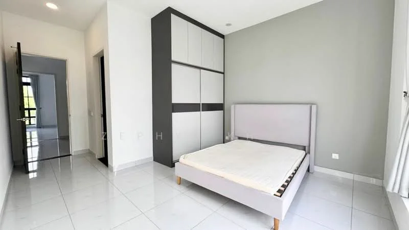 Bedroom features: white painted walls, grey accent wall, white tiled flooring, queen-size bed frame without mattress, built-in wardrobe with sliding doors, floor-to-ceiling window, curtains, light fixture on ceiling; style: modern.