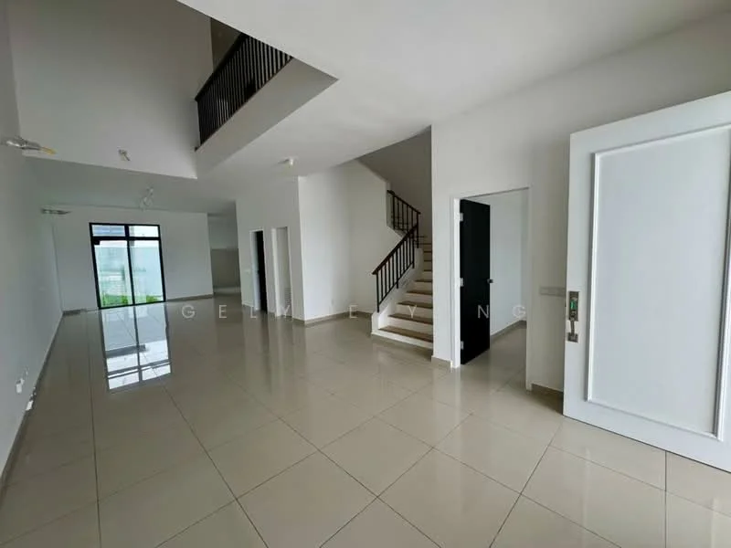 Living features: white painted walls, glossy ceramic tile flooring, high ceiling, large floor-to-ceiling windows, natural light, staircase with wooden railing, open layout, neutral color palette; style: modern. Room features: white painted walls, glossy ceramic tile flooring, doorway leading to another room, staircase visible.