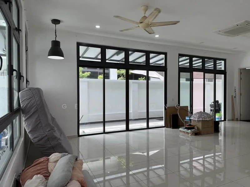 Living features: white painted walls, glossy ceramic tile flooring, 5-blade ceiling fan with light, recessed downlights, floor-to-ceiling windows, sliding glass door, light fixture with black shade, neutral color sofa, cardboard boxes, open space layout; style: modern; view: garden.