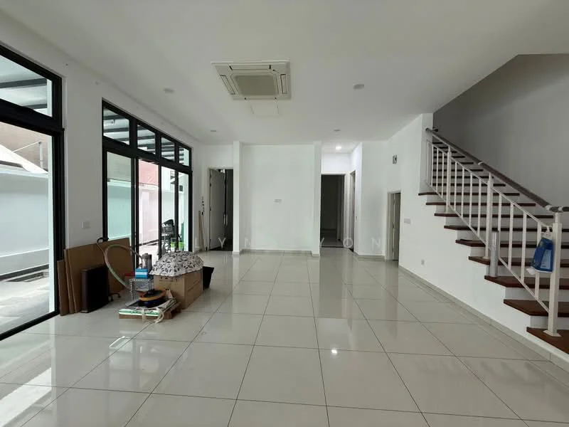 Living features: white painted walls, glossy ceramic tile flooring, exposed ceiling with air conditioning unit, large floor-to-ceiling windows, sliding glass door, staircase with white railing, open layout, natural light from windows; style: modern.